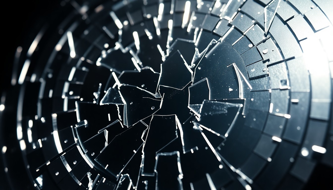 An extreme close-up of shattered, glittering glass fragments in dramatic, high-contrast studio lighting, conceptually representing the gritty, high-energy spirit of Springsteen's politically charged comeback tour.