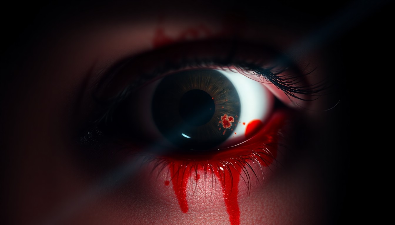 An extreme close-up photograph of a bloodied, damaged eye, lit by a harsh, direct camera flash against a pitch-black background, conveying the gritty aftermath of a confrontation between protesters and law enforcement.