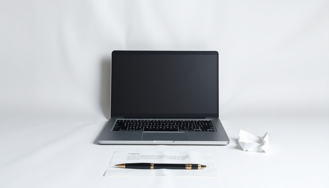 A high-end, photorealistic studio still-life photograph featuring a closed laptop, a pen, and a crumpled piece of paper on a clean, white seamless background. The objects are arranged elegantly and use sharp, dramatic studio lighting and deep shadows to represent the abstract concepts of trust, credibility, and the challenges of running a startup.