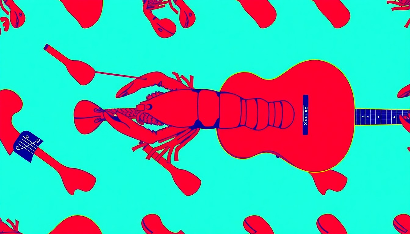 A high-contrast silkscreen print in neon colors, featuring a repeated pattern of a barbecue grill, a crawfish, and a guitar, conceptually representing the lively events and lifestyle elements of Midland, Texas.