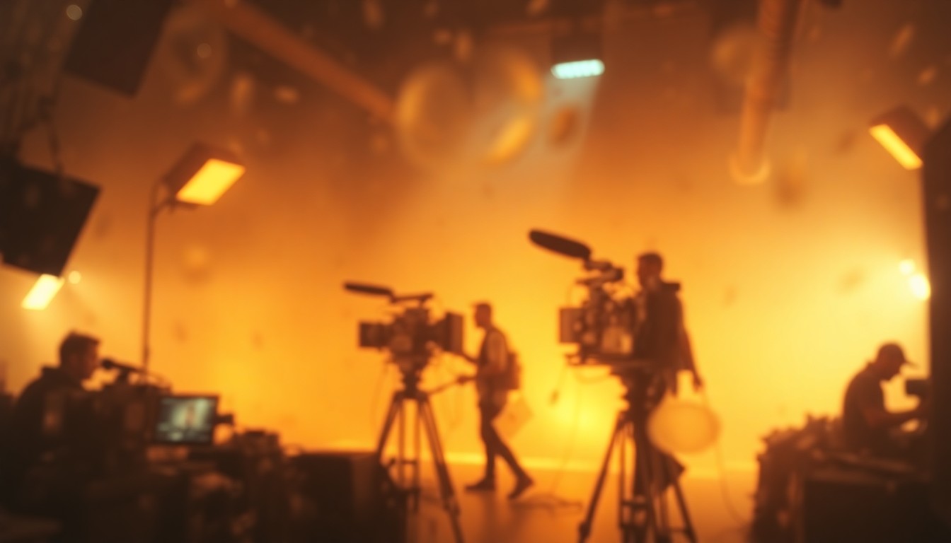 An extremely blurred, impressionistic photograph showing the silhouettes of film production equipment and crew members working on a set, with warm, soft pools of light and color creating an atmospheric, dreamlike mood.