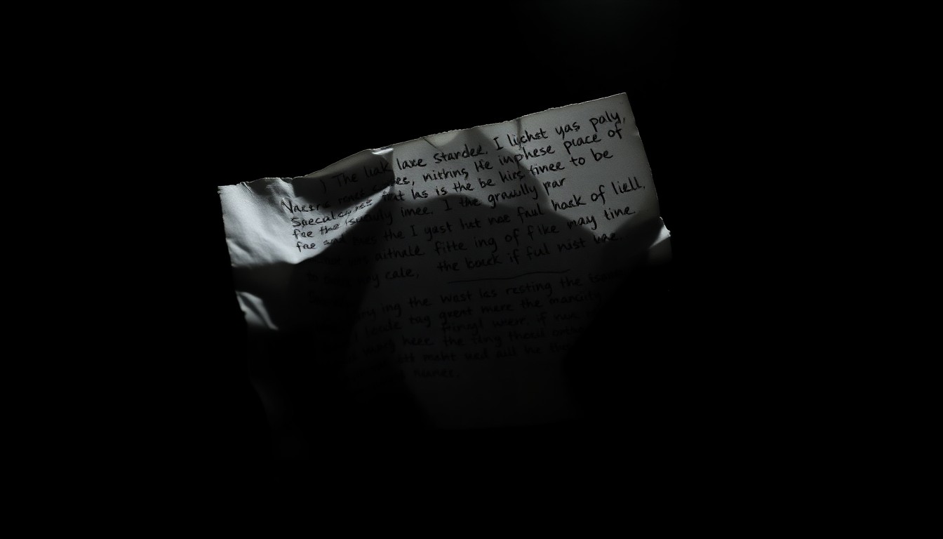 An extreme close-up photograph of a crumpled piece of paper with handwritten notes, lit by a harsh, direct camera flash against a pitch-black background, conceptually representing the gritty investigation into a teacher's alleged sexual assault of a student.