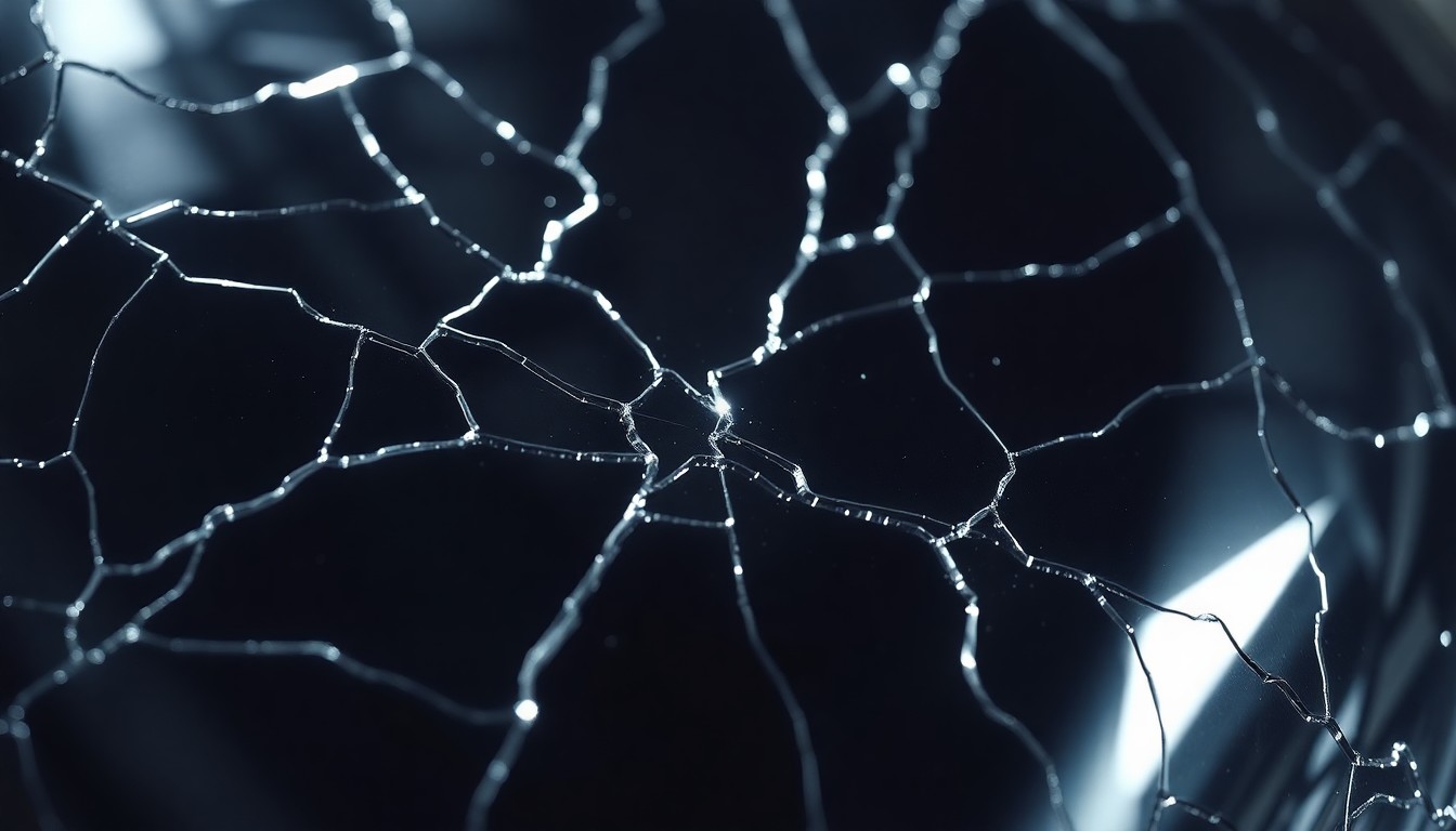 An extreme close-up photograph of a cracked, reflective glass sculpture surface in dramatic studio lighting, capturing the abstract, high-fashion glamour of Isamu Noguchi's modernist artworks.