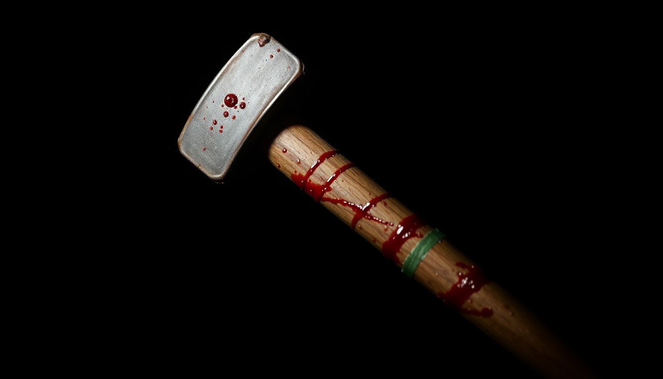 An extreme close-up of a bloodied hammer, the harsh flash creating a stark, gritty image that conceptually represents the violence of the crime without depicting any actual victims.