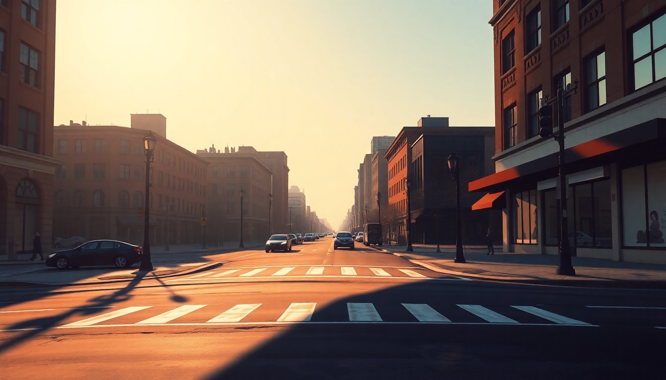 A serene, painterly scene of a raised crosswalk on a Milwaukee street, with warm sunlight casting long shadows across the pavement, conveying a sense of urban tranquility and the city's commitment to improving mobility and safety.