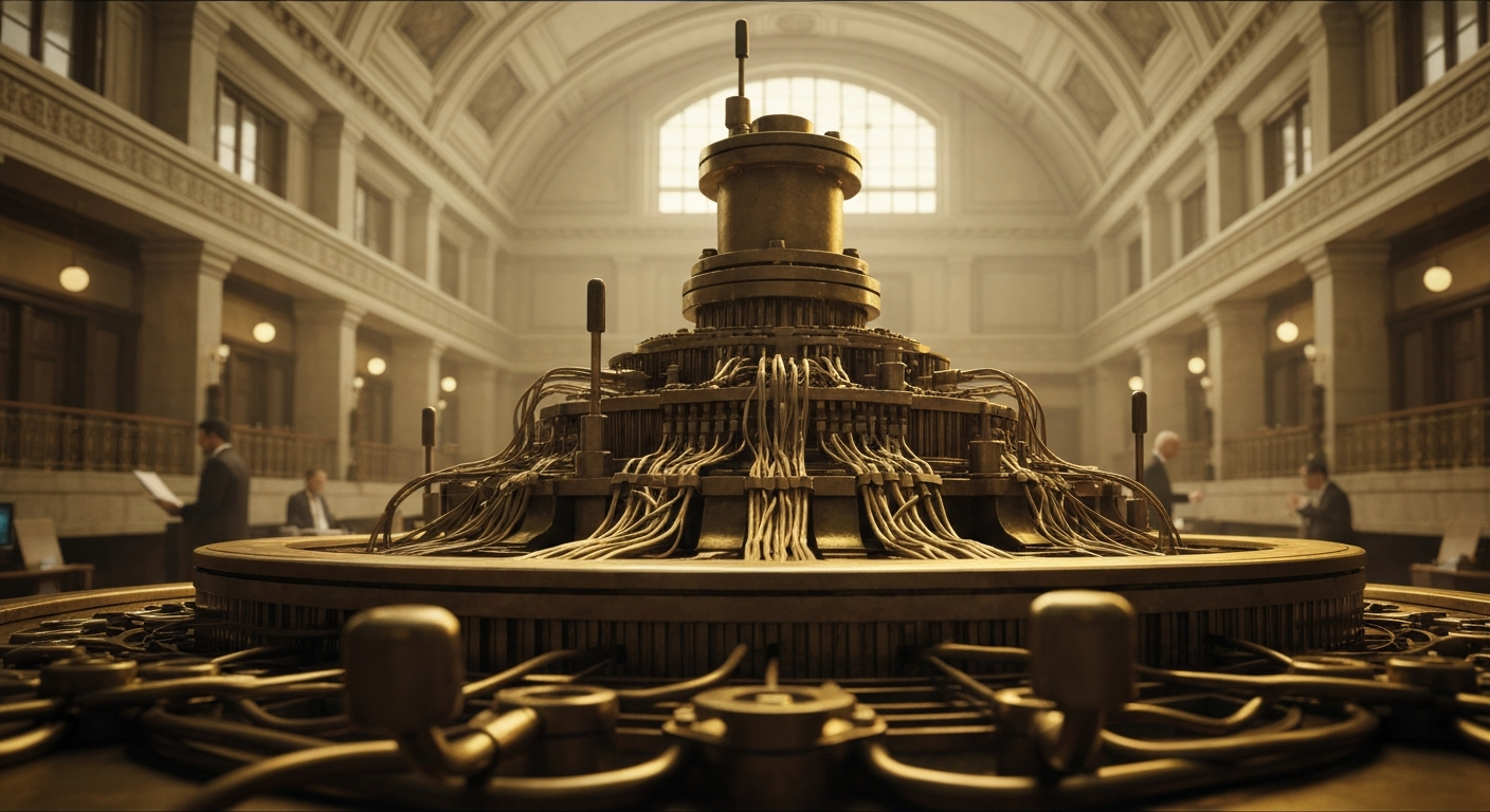 An extreme close-up of gears, levers, and other heavy industrial machinery, conceptually representing the complex financial systems and infrastructure underlying the stock market.