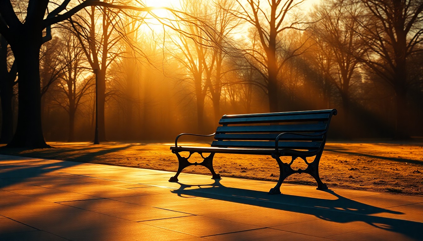 A serene, nostalgic painting of an empty park bench in a sunlit, shadowy Franklin Park, conveying the contested nature of this public space.