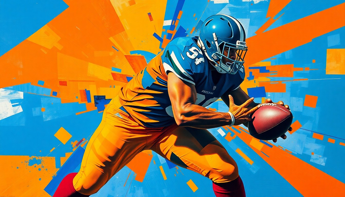 A fractured, multi-perspective painting depicting the explosive movements and tackles of a defensive lineman, with the player's form breaking down into sharp, overlapping geometric shapes in vibrant orange and blue hues.