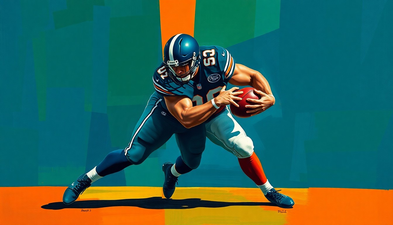 A cubist, geometric painting depicting a defensive tackle in motion, with sharp, overlapping planes of color representing the player's movements and the intensity of the game.