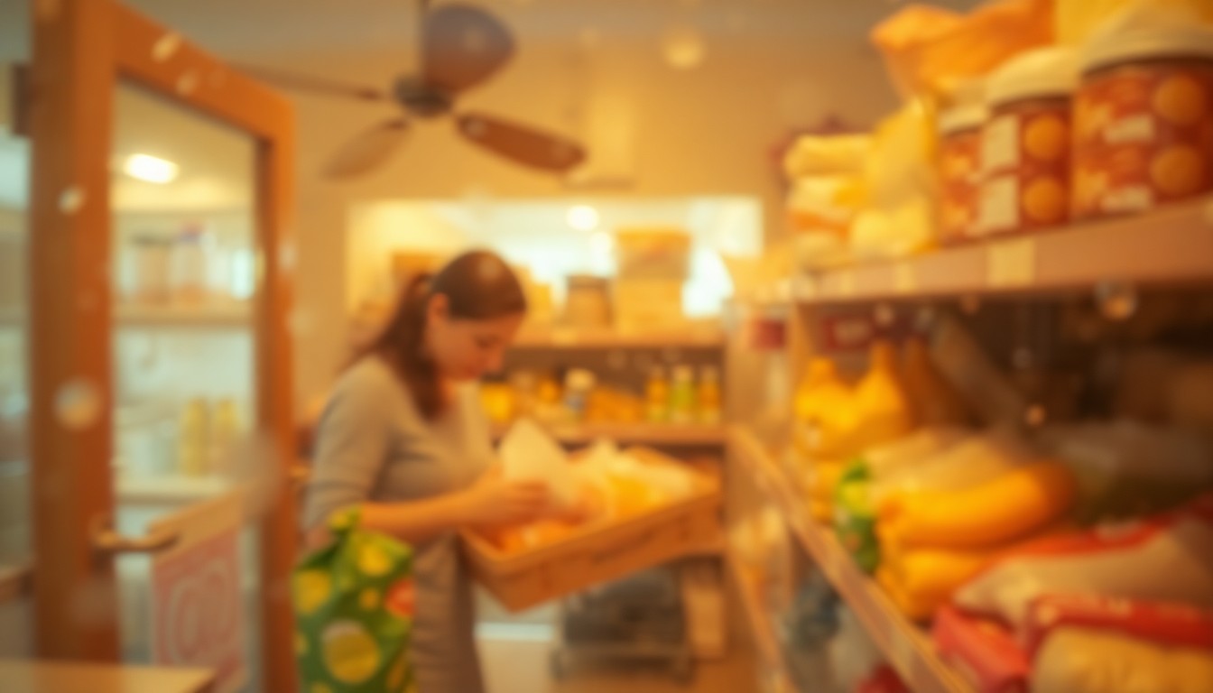 An extremely blurred, impressionistic photograph in warm tones, depicting a family gathering food items from a neighborhood pantry, conveying the concept of community-based food assistance.