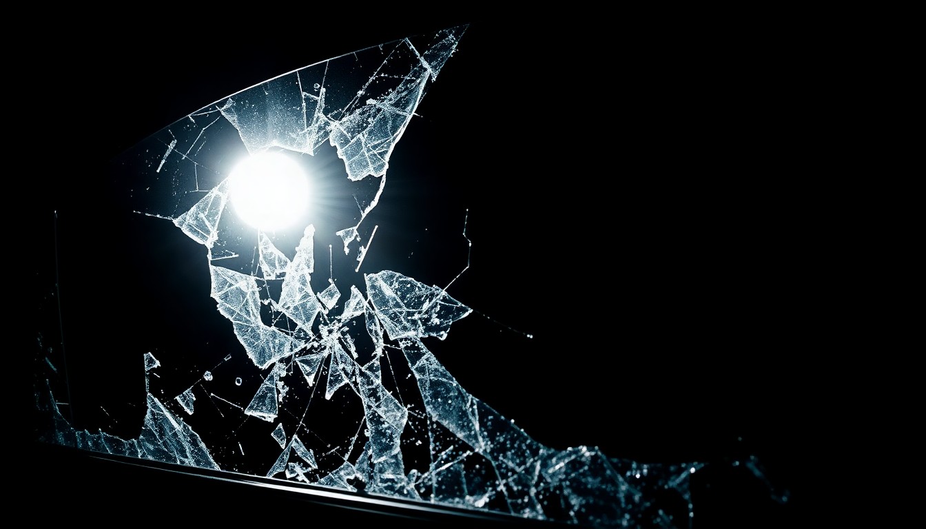An extreme close-up photograph of shattered glass, capturing the stark, gritty aftermath of a police incident without depicting any violence or victims.
