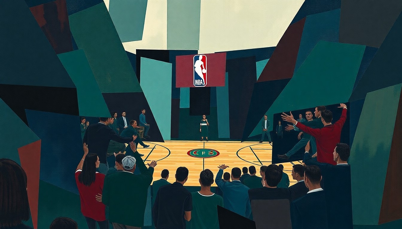 A cubist, geometric painting depicting an abstract NBA draft lottery scene, with overlapping shapes and planes in muted tones of navy, green, and burgundy, conceptually representing the league's efforts to reform its lottery system.