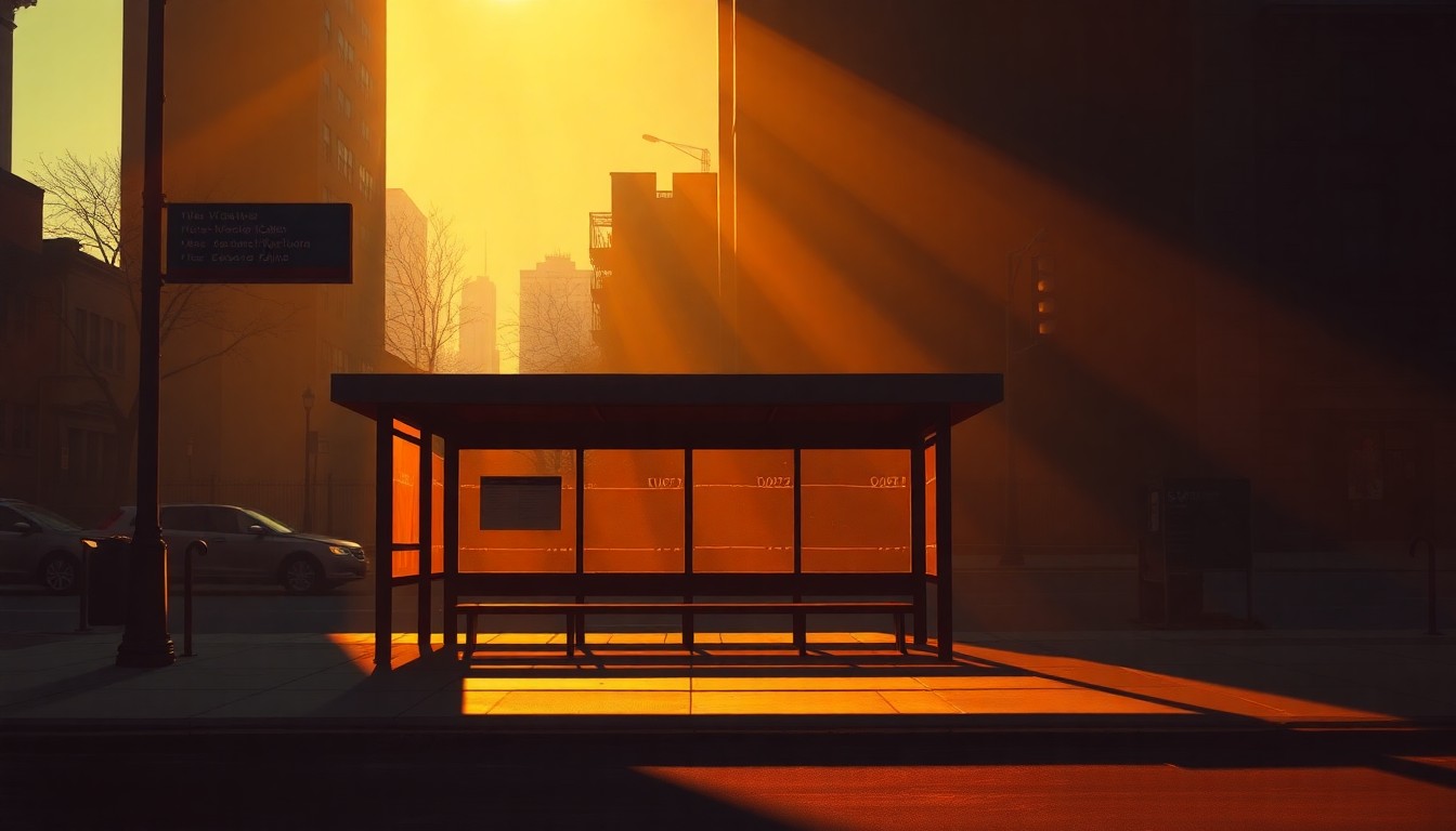 A serene, cinematic painting of a solitary New York City bus stop shrouded in warm sunlight and deep shadows, capturing a sense of urban melancholy and the challenges facing the mayor's ambitious transit plans.