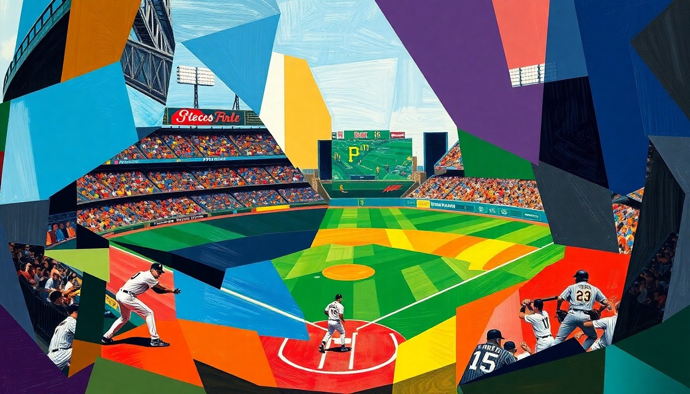 A cubist, geometric painting depicting a baseball game in progress, with the players and field abstracted into sharp, overlapping planes of color in the official team colors of the Pittsburgh Pirates.