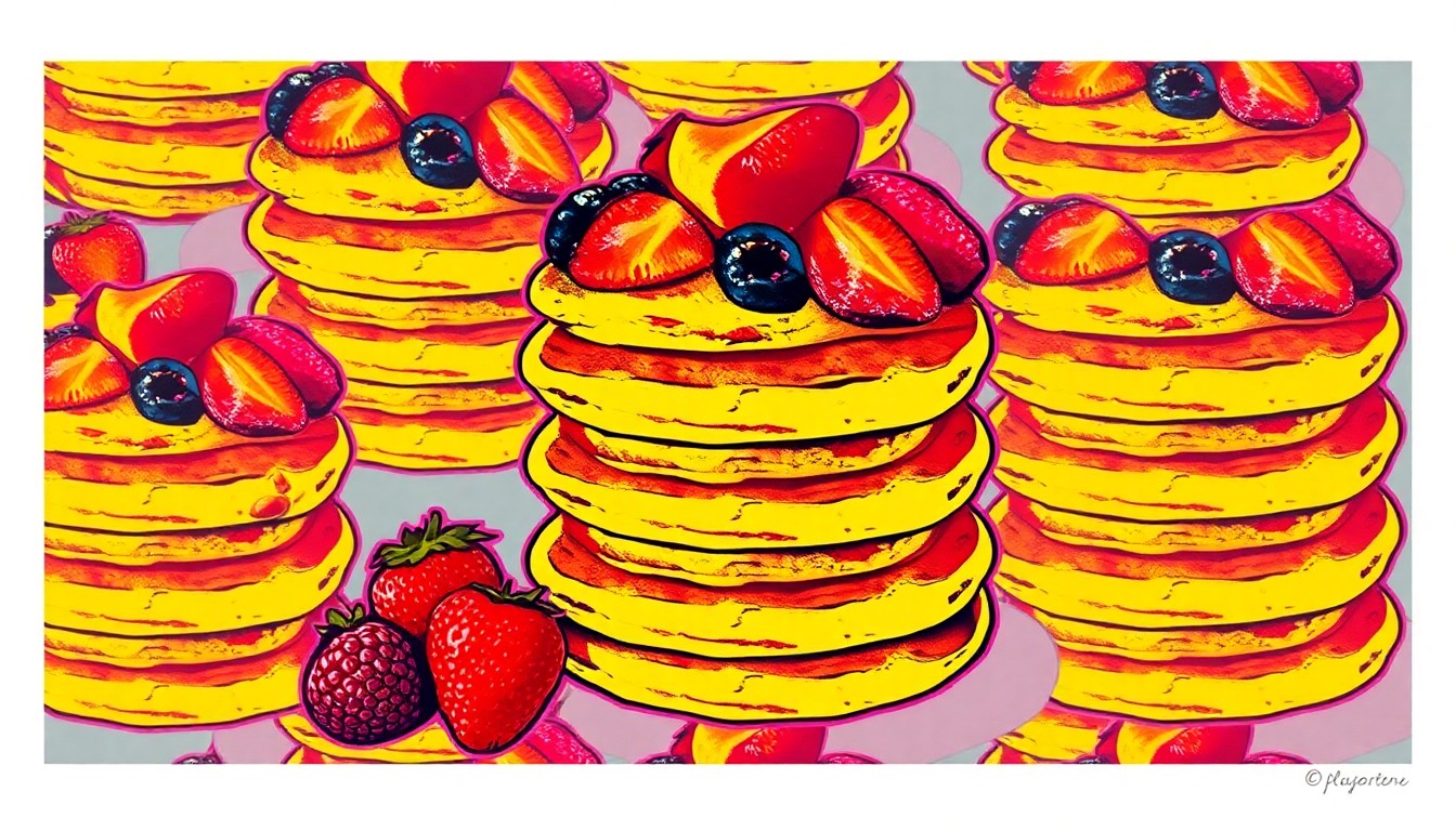 A colorful, abstract silkscreen-style illustration of a stack of vegan pancakes with fresh fruit, capturing the playful, pop art spirit of Veggie Galaxy's award-winning plant-based cuisine.