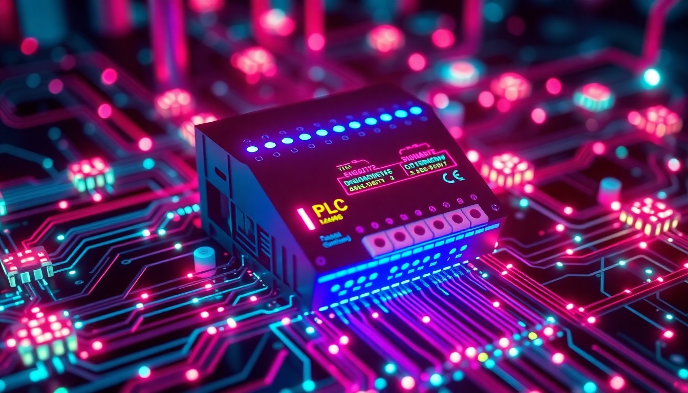 A highly detailed, glowing 3D macro illustration of a programmable logic controller device used in industrial control systems, surrounded by a complex web of luminous, interconnected cybernetic hardware elements, conceptually representing the vulnerabilities targeted by Iran-linked hackers.