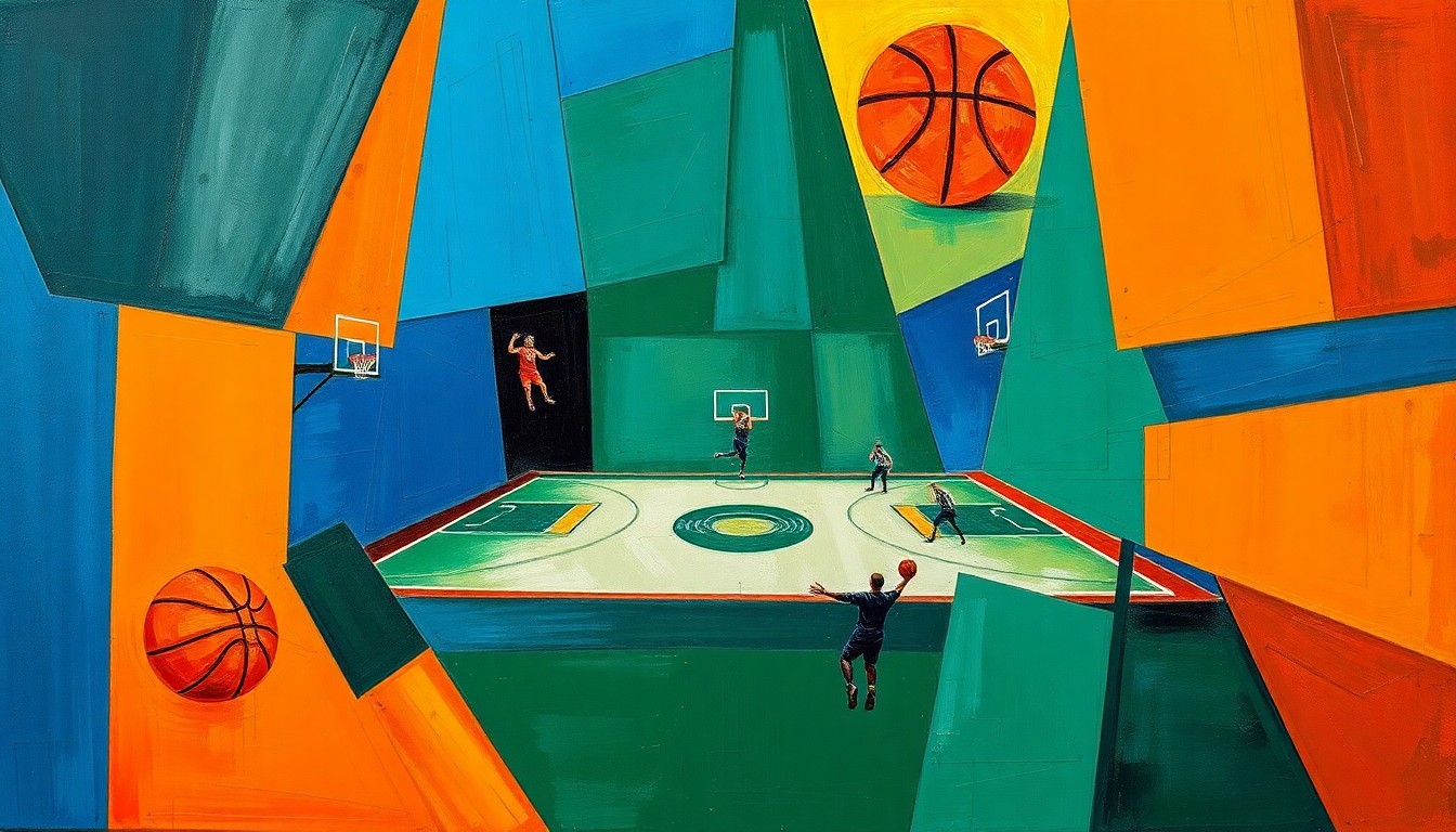 A cubist, geometric painting depicting a fragmented basketball court scene, with sharp, overlapping shapes in shades of blue, green, and orange, conveying the broken relationship between Anthony Davis and the New Orleans Pelicans.