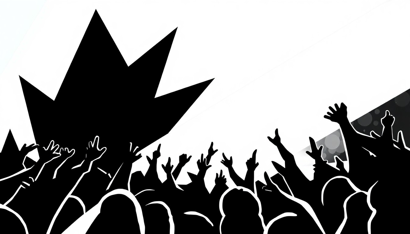 An abstract, minimalist illustration featuring bold, jagged black shapes against a stark white background, conceptually representing the energy and excitement of a live comedy performance.