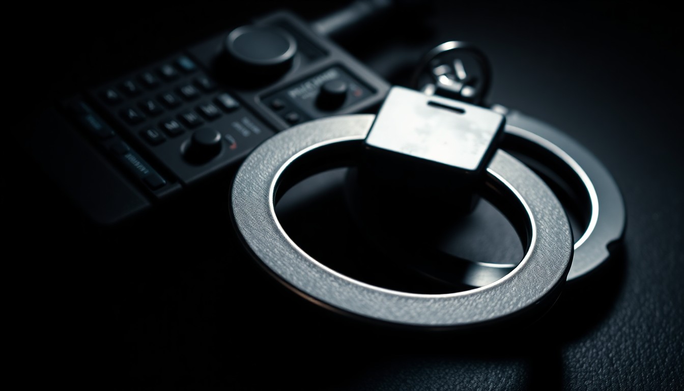 An extreme close-up photograph of a police radio or handcuffs, focusing on the textural details and dramatic lighting to convey a serious, investigative mood without any words or symbols.