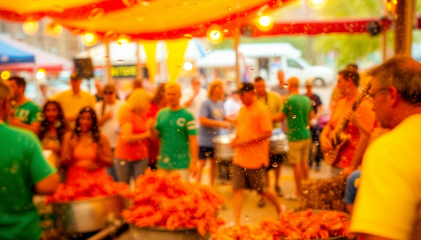 An extremely abstracted, out-of-focus photograph shot through condensation or rain-streaked glass, composed of a vibrant, colorful scene of people enjoying a crawfish boil, live music, and other festival activities in an urban setting.