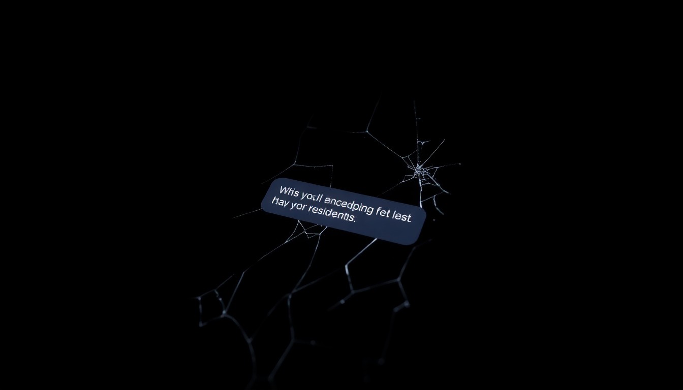 An extreme close-up photograph of a cracked smartphone screen with a faint text message notification, lit by a harsh, direct camera flash against a pitch-black background, conceptually representing the stark, gritty, and investigative nature of a scam targeting unsuspecting residents.