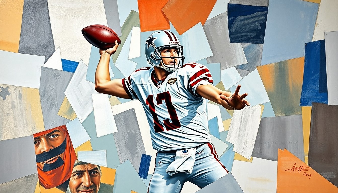 A cubist, geometric painting depicting a football quarterback's throwing motion broken down into sharp, overlapping planes of color and form, capturing the raw energy and movement of the sport.
