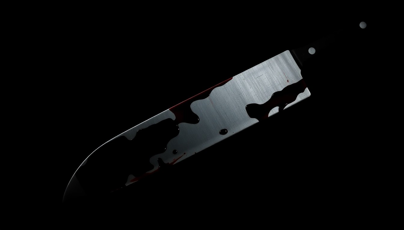 An extreme close-up of a cleaver blade covered in a dark, glistening liquid, photographed against a pitch-black background with harsh, direct lighting, conceptually representing the violence of a recent attack without depicting any actual victims.