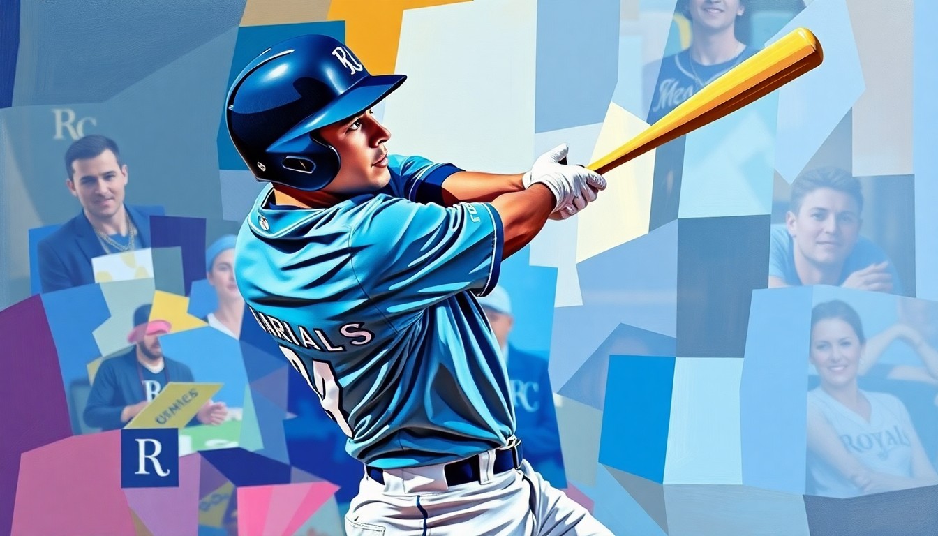 A cubist, geometric painting depicting a baseball player in mid-swing, the ball and bat fractured into overlapping planes of bright blues, reds, and yellows, capturing the raw power and athleticism of the moment.