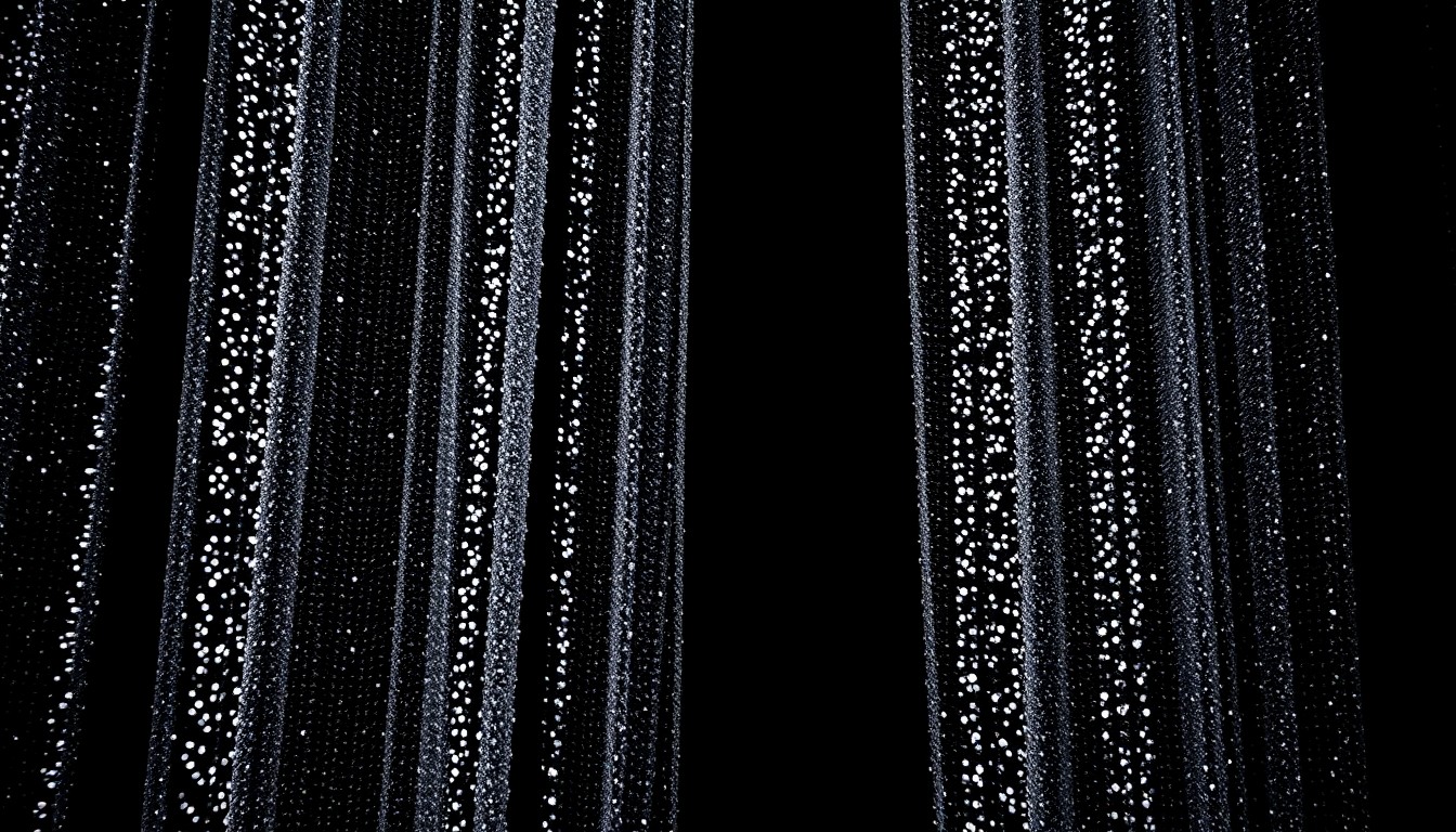 An extreme close-up photograph of a richly textured, glittering theater curtain, capturing the luxurious and glamorous atmosphere of the performing arts through dramatic lighting and abstract, high-contrast composition.