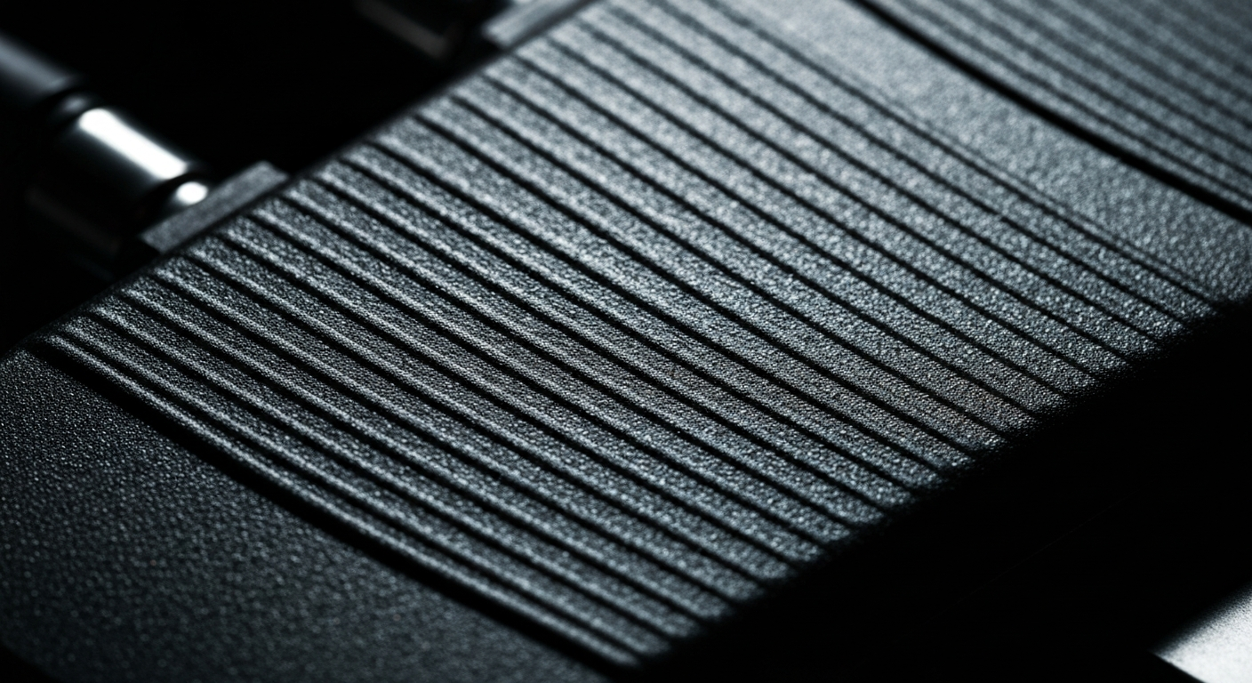 An extreme close-up of the pebbled, textured surface of a hybrid electric vehicle component, such as a precision pump or thermal management system, captured in dramatic high-contrast lighting to conceptually illustrate the advanced manufacturing capabilities of the new GMB USA plant in Opelika, Alabama.