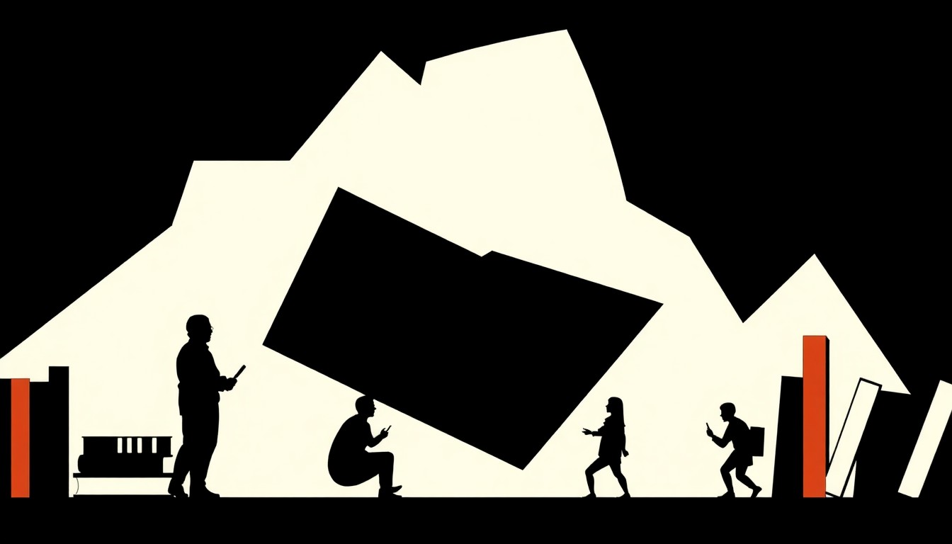 An abstract, minimalist composition featuring bold, jagged shapes in shades of red, black, and white, conceptually representing the themes of literary storytelling, cultural identity, and the creative process.