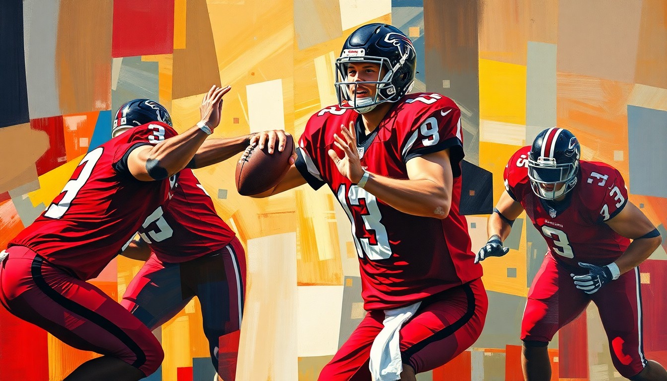 A cubist-style painting depicting a football quarterback in motion, with the player's body and uniform broken down into sharp, overlapping geometric shapes and planes in the Falcons' red and black colors.