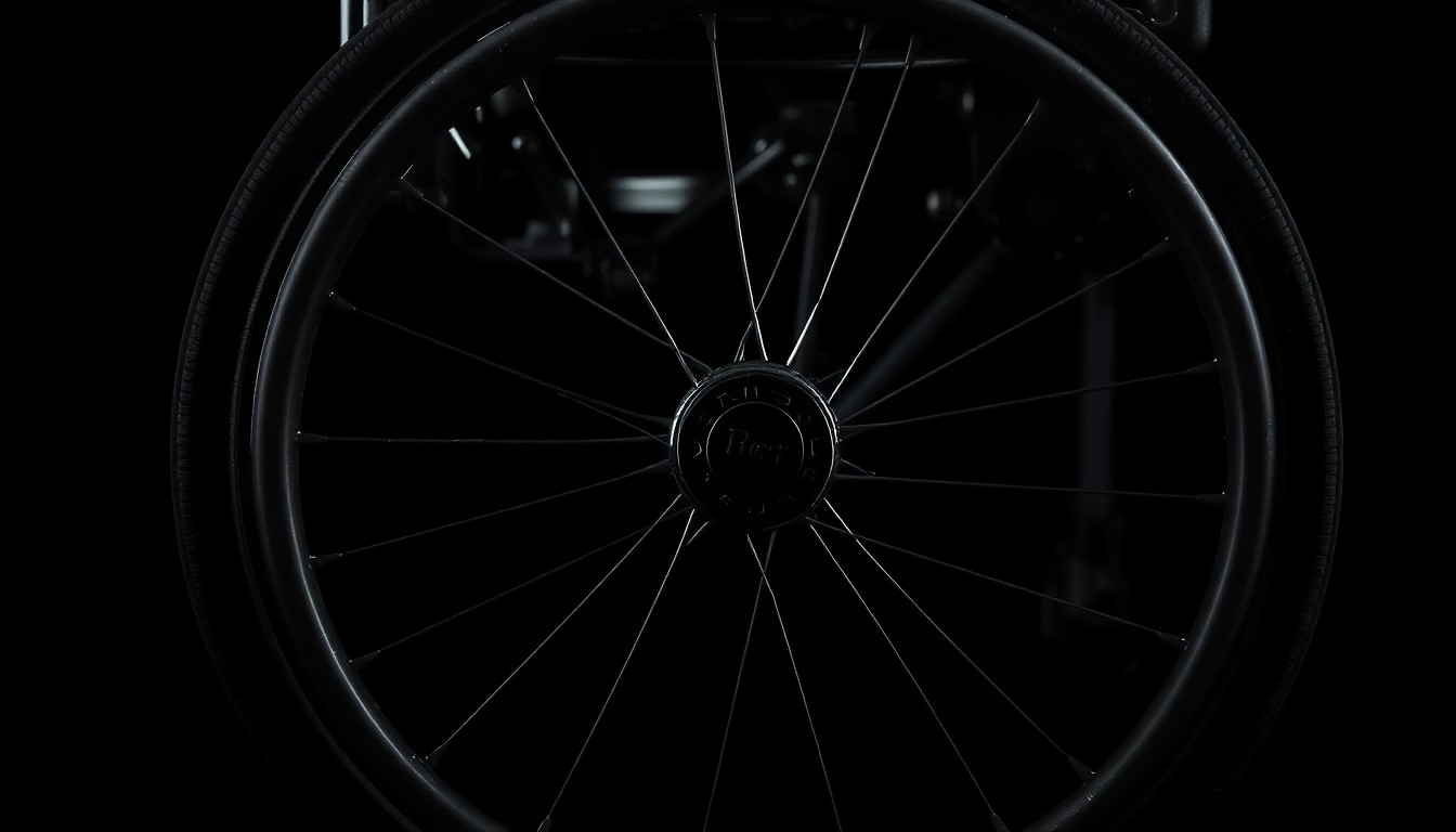 An extreme close-up photograph of a damaged wheelchair wheel, the metal spokes bent and the tire shredded, highlighting the violence of the collision that took a life.