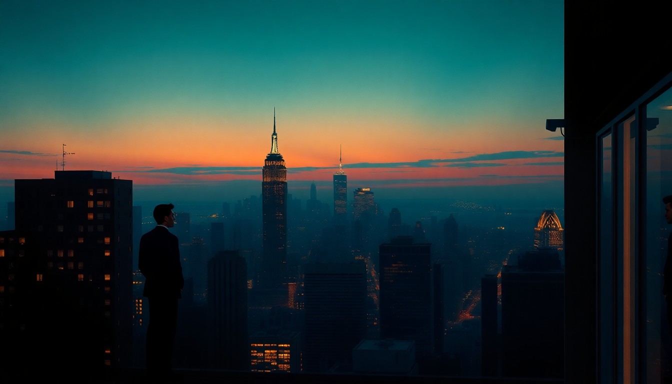 A serene, cinematic painting of the New York City skyline at dusk, with a lone figure standing on a balcony overlooking the city lights, bathed in warm, diagonal sunlight and deep shadows, conceptually representing the thoughtful mood as a new administration begins.