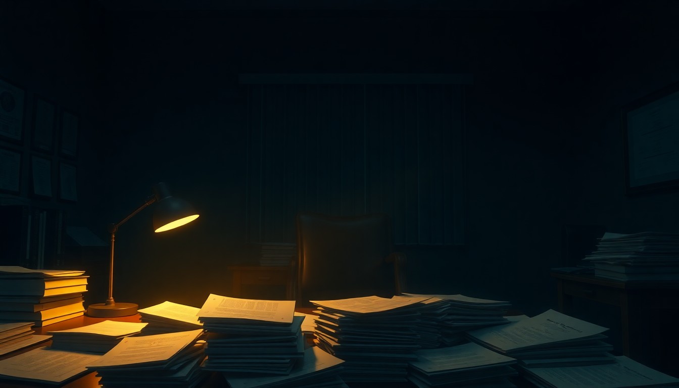 A cinematic painting of a dimly lit, solitary government office at night, with a single desk lamp casting warm, diagonal light across a pile of official documents, conceptually representing the sensitive nature of the Iran peace negotiations.