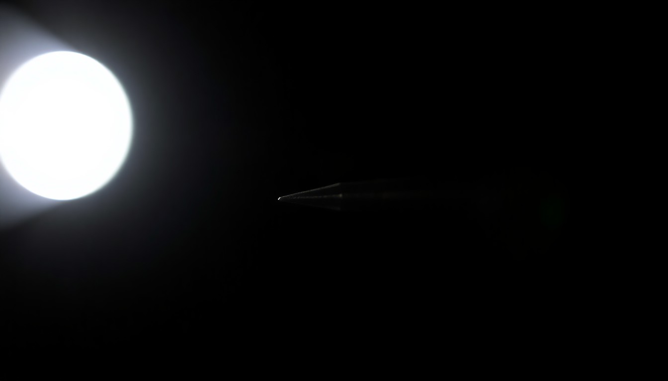 An extreme close-up photograph of a small, metal spike against a pitch-black background, creating a stark, gritty, and investigative aesthetic to conceptually illustrate the threat posed by these hidden hazards in a public space.