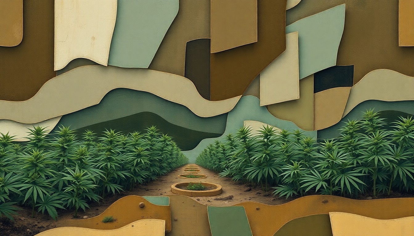 An abstract, fragmented painting in muted earth tones depicting an abandoned marijuana grow site, conveying the chaotic and hazardous nature of these unregulated operations.