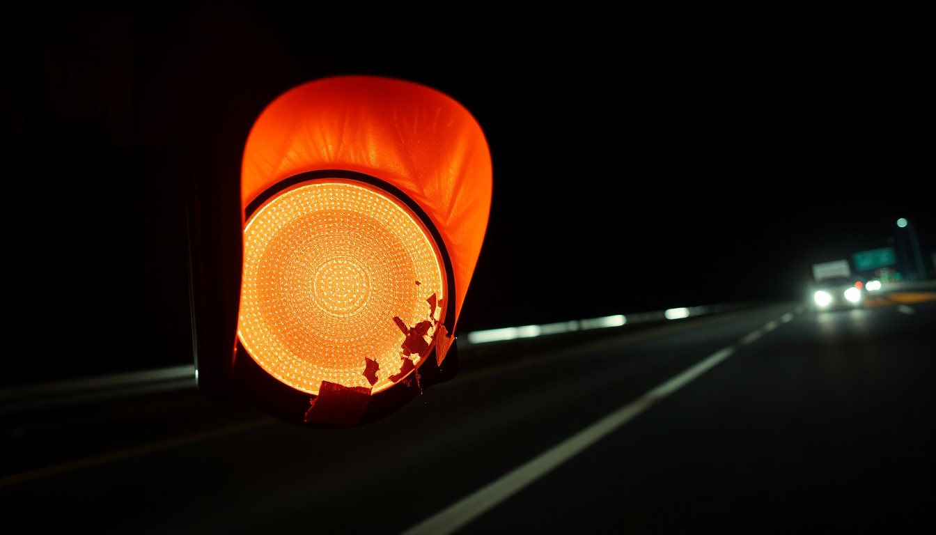 An extreme close-up photograph of a damaged traffic signal light or road debris on the interstate, conveying the stark, gritty aftermath of a highway incident.