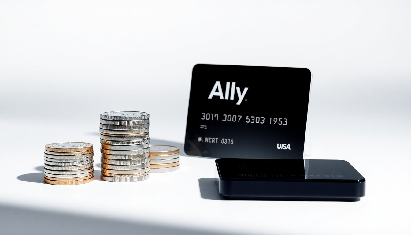 A high-end, photorealistic studio still-life photograph featuring a stack of polished metal coins, a sleek black credit card, and a modern glass data storage device arranged elegantly on a clean, monochromatic seamless background, conceptually representing Ally Financial's reputation for innovation, trust, and workplace excellence.