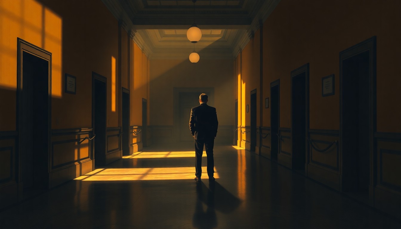 A solitary figure stands alone in a dimly lit government building hallway, the warm sunlight casting deep shadows across the scene, conveying a sense of quiet contemplation and the challenges of political negotiation.