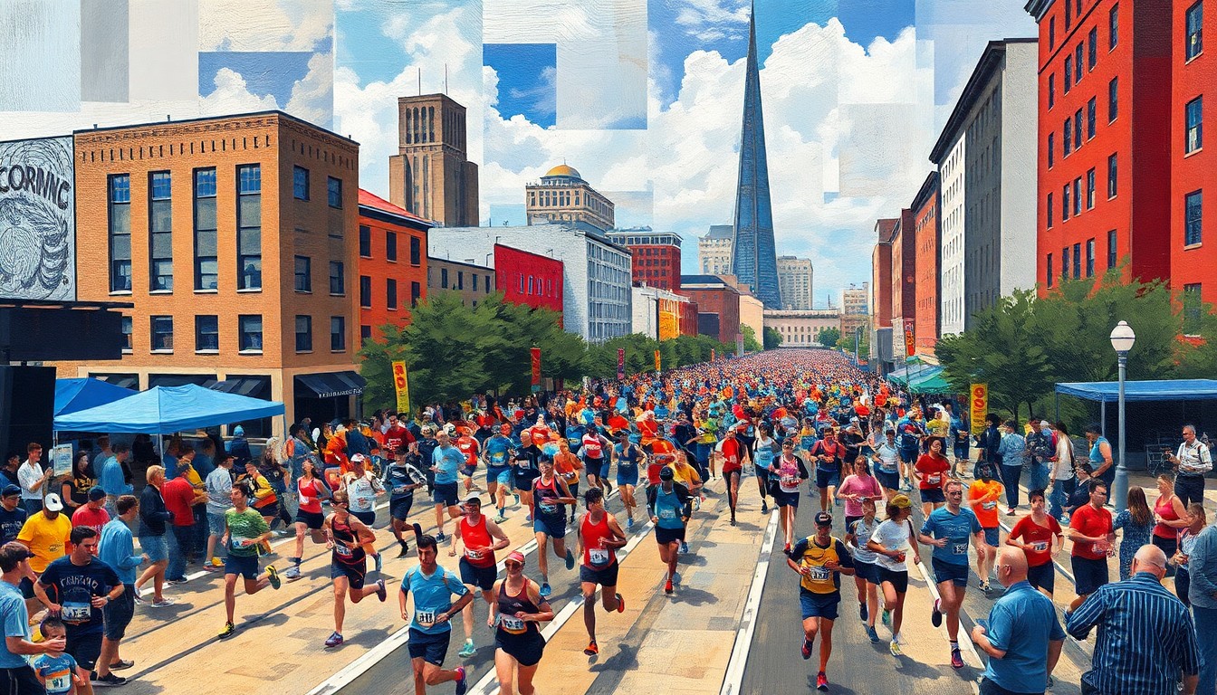 A fractured, geometric painting depicting runners, spectators, and the Corning cityscape in an abstract, cubist style, capturing the dynamic movement and spirit of a 5K running event.