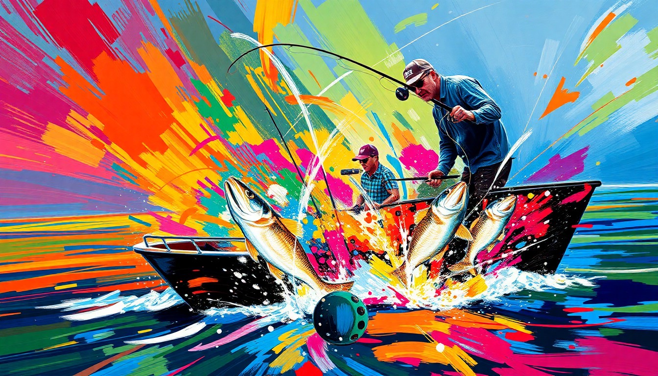 An abstract expressionist painting in vibrant neon colors, depicting the dynamic motion and energy of anglers fishing from a boat on a lake, conceptually representing the annual charity bass tournament.
