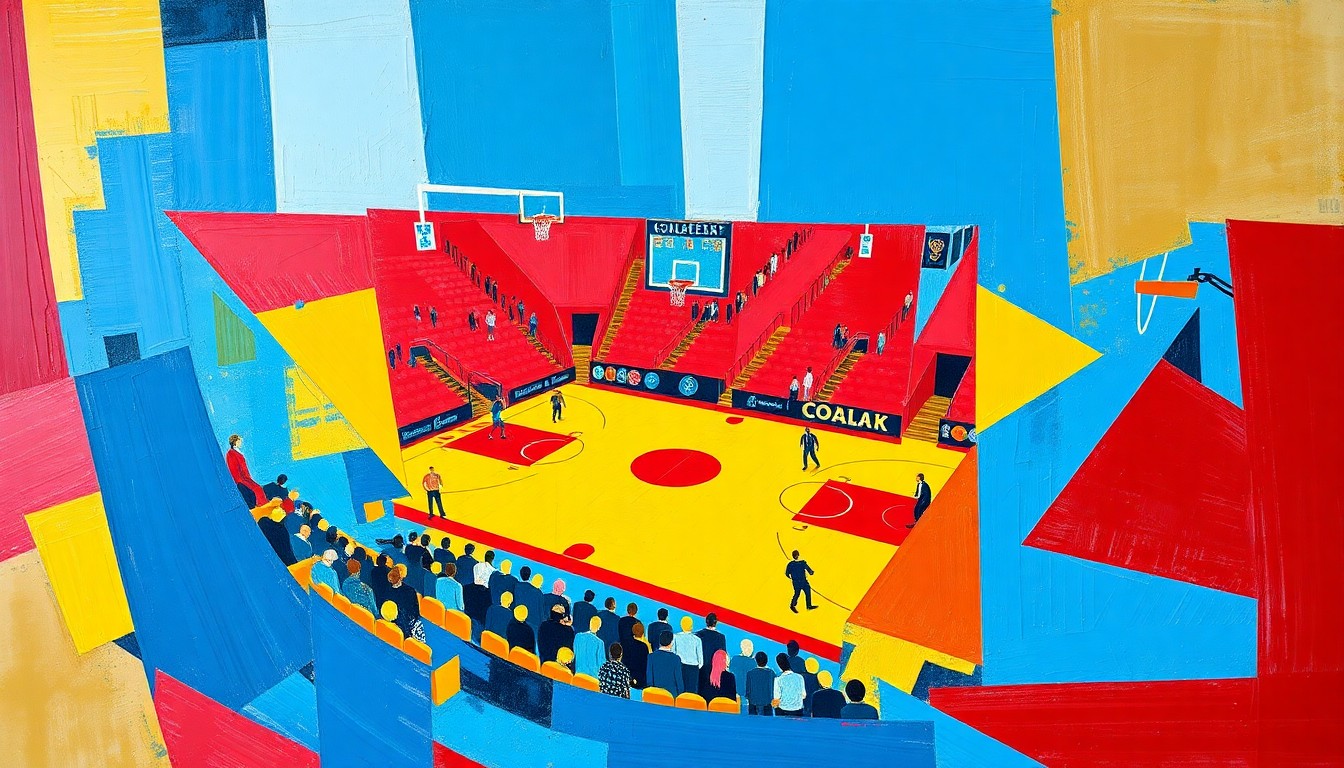 A cubist, geometric painting depicting a fragmented college basketball game, with sharp planes of red, blue, and yellow colors overlapping to create a dynamic, abstract scene.