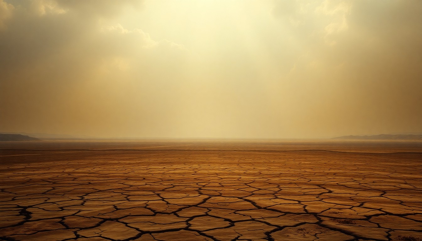 A vast, atmospheric landscape painting in muted earth tones, with a cracked, parched ground stretching out under a hazy, oppressive sky, conveying the overwhelming scale and melancholic impact of the looming drought.