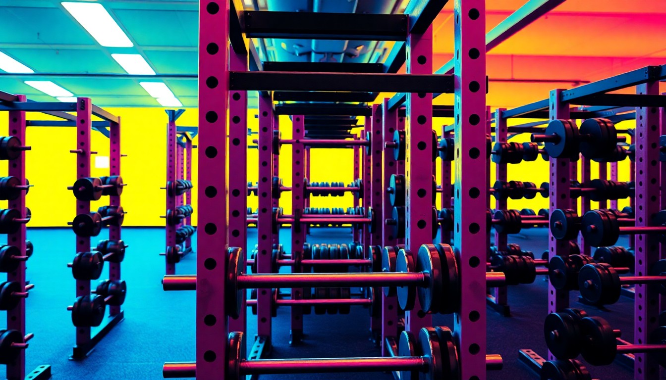 A high-contrast, silkscreen-style illustration featuring a grid of weight racks in bright neon colors, conceptually representing the debate over gym access and inclusivity at the University of Southern California.