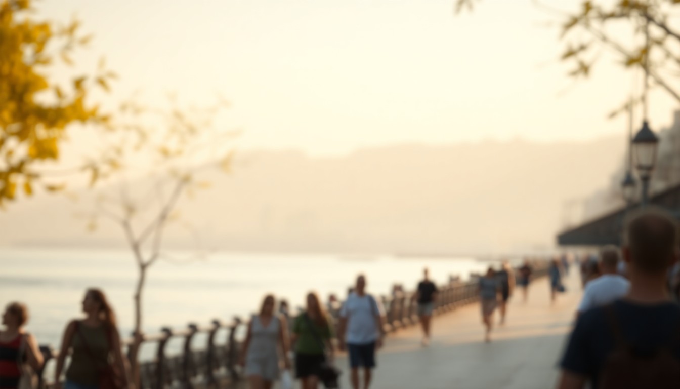 An abstract, impressionistic scene of people walking along a waterfront promenade, with the distant outline of trees and buildings visible through a hazy veil of warm, golden light, conceptually representing the peaceful and inviting atmosphere of the new public park.