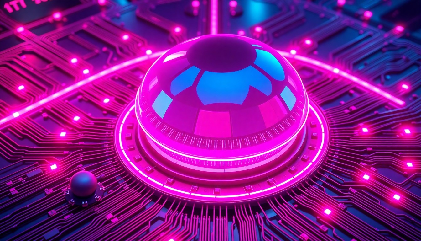 A highly detailed 3D illustration of a glowing, neon-lit autonomous vehicle sensor array, with pulsing magenta and cyan lights. The sensor dome is surrounded by a halo of intricate circuitry and wiring, conveying the complex technological infrastructure powering self-driving cars.