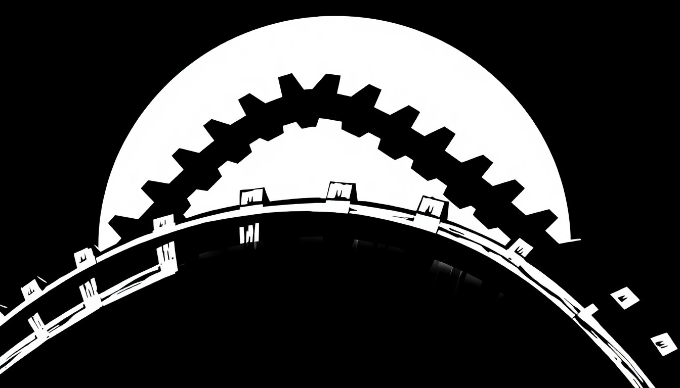 An abstract illustration featuring stark, geometric black shapes against a bright red background, conceptually representing the silhouette of a wooden roller coaster track.