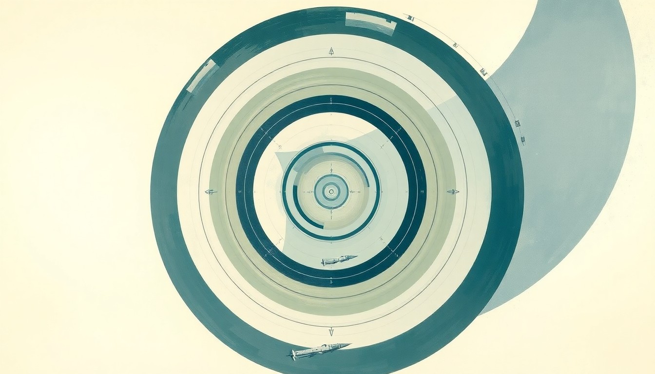 A highly structured abstract painting featuring sweeping geometric arcs, concentric circles, and precise nautical spirals in soft, earthy tones of blue, green, and gray, conceptually representing the complex coordination and procedures involved in the recovery of the Artemis II spacecraft and crew.