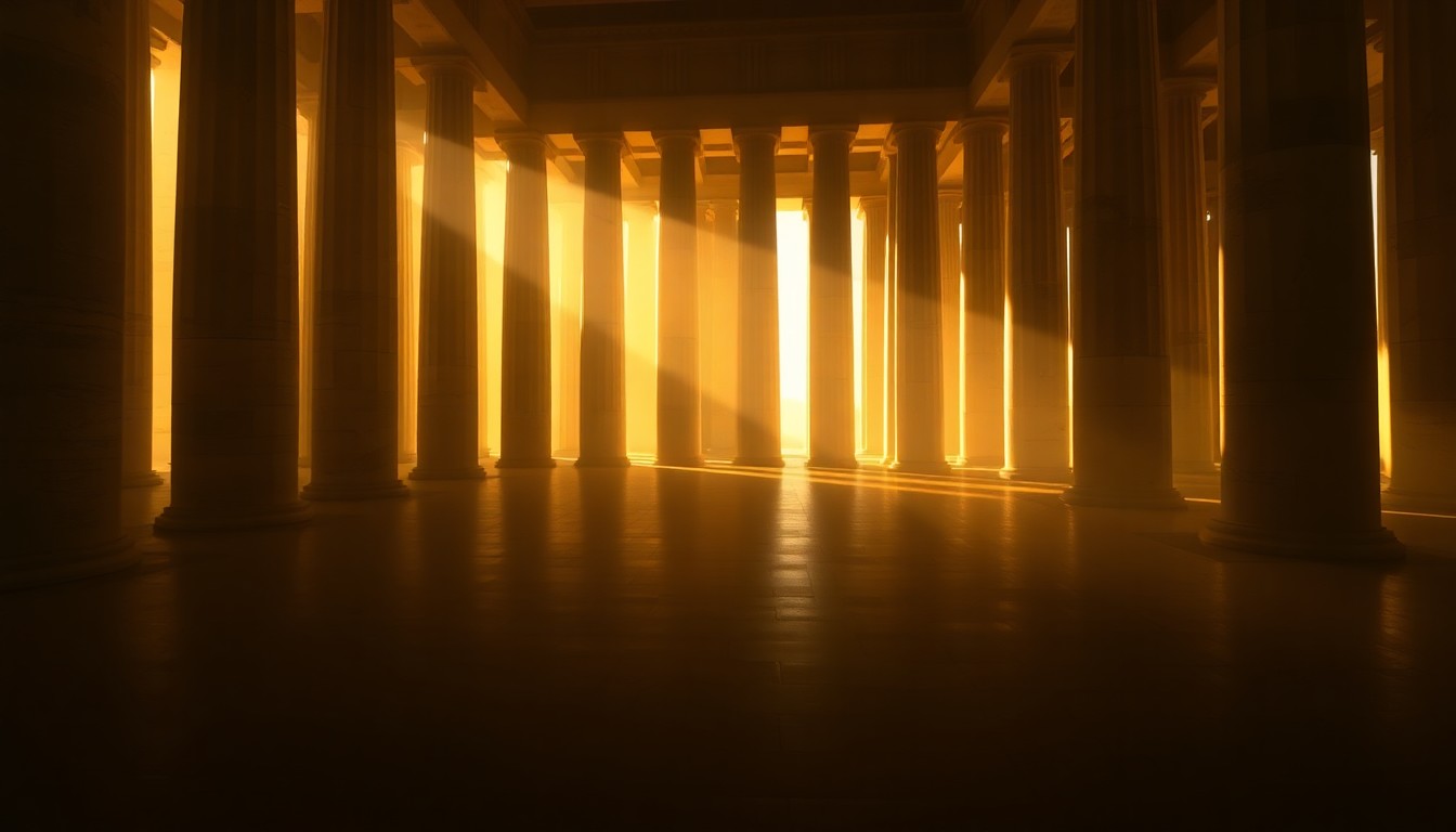 An abstract, impressionistic scene of soft, glowing light and shadows playing across the concrete columns and recesses of the Lincoln Memorial undercroft, creating a sense of mystery and discovery.